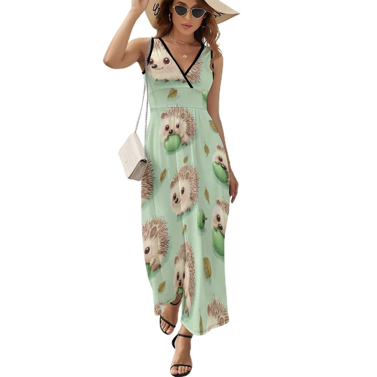 longue maxi pour femme, sans manches, col en V, motif hérissons, style décontracté, idéale pour la plage.