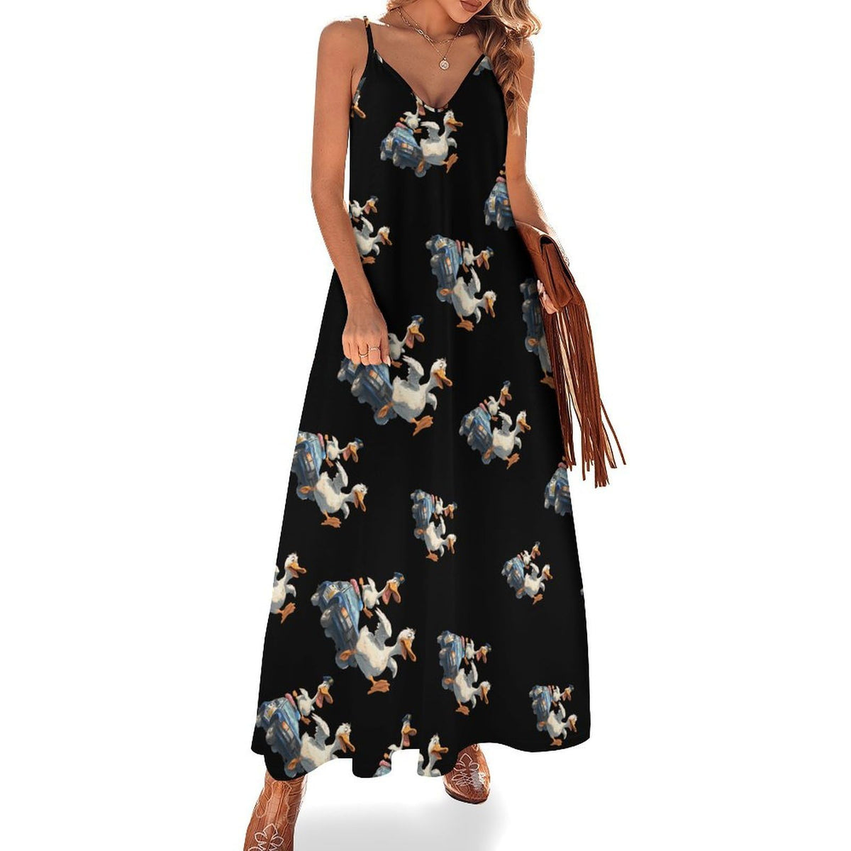 longue maxi imprimée de canards et de voitures pour femme, robe d'été sans manches, robe de plage