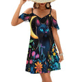 d'été mini à épaules dénudées avec motif chat noir et fleurs, à volants, idéale pour les fêtes et la plage.
